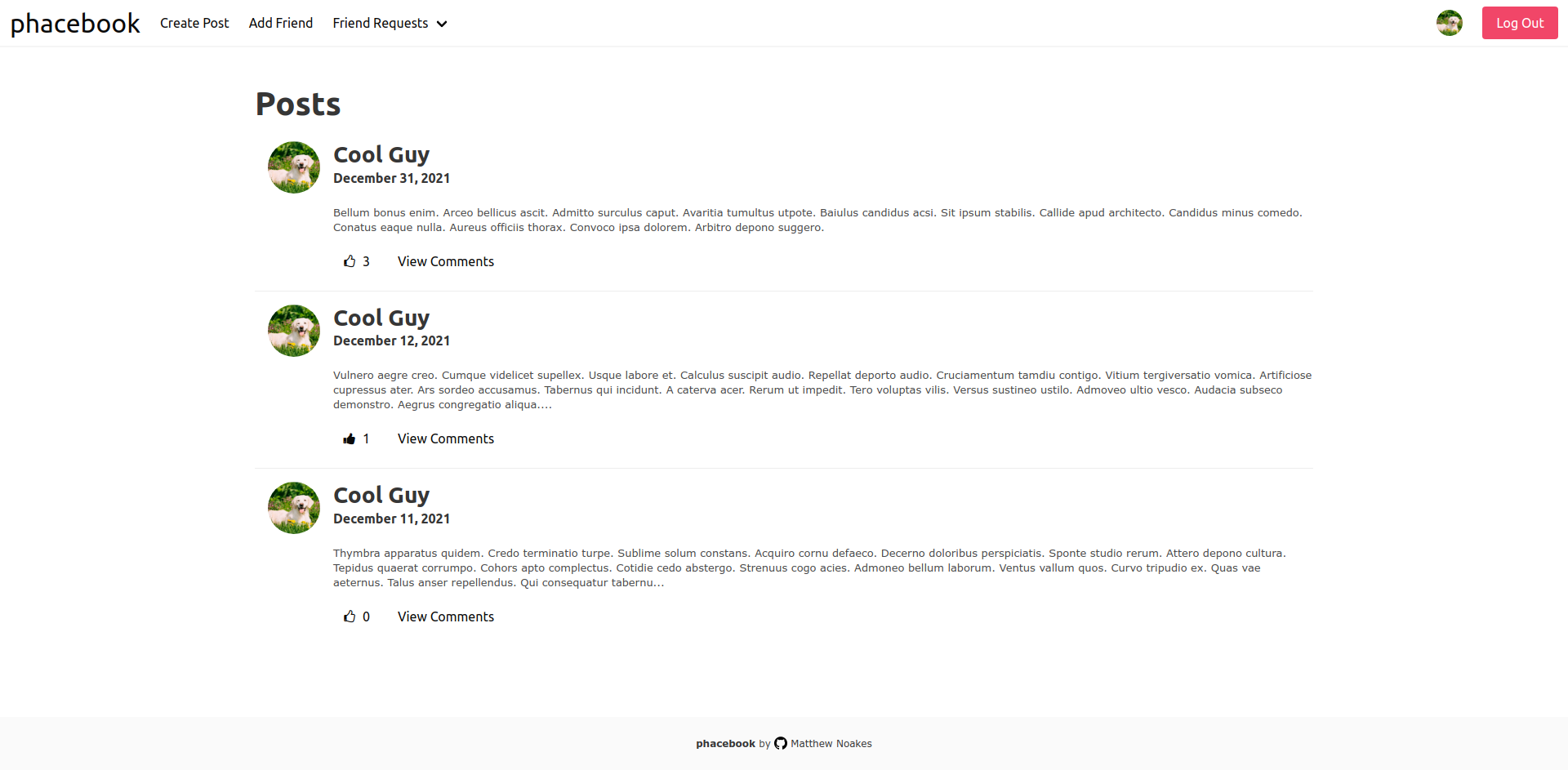 Phacebook Screenshot (Desktop Version)